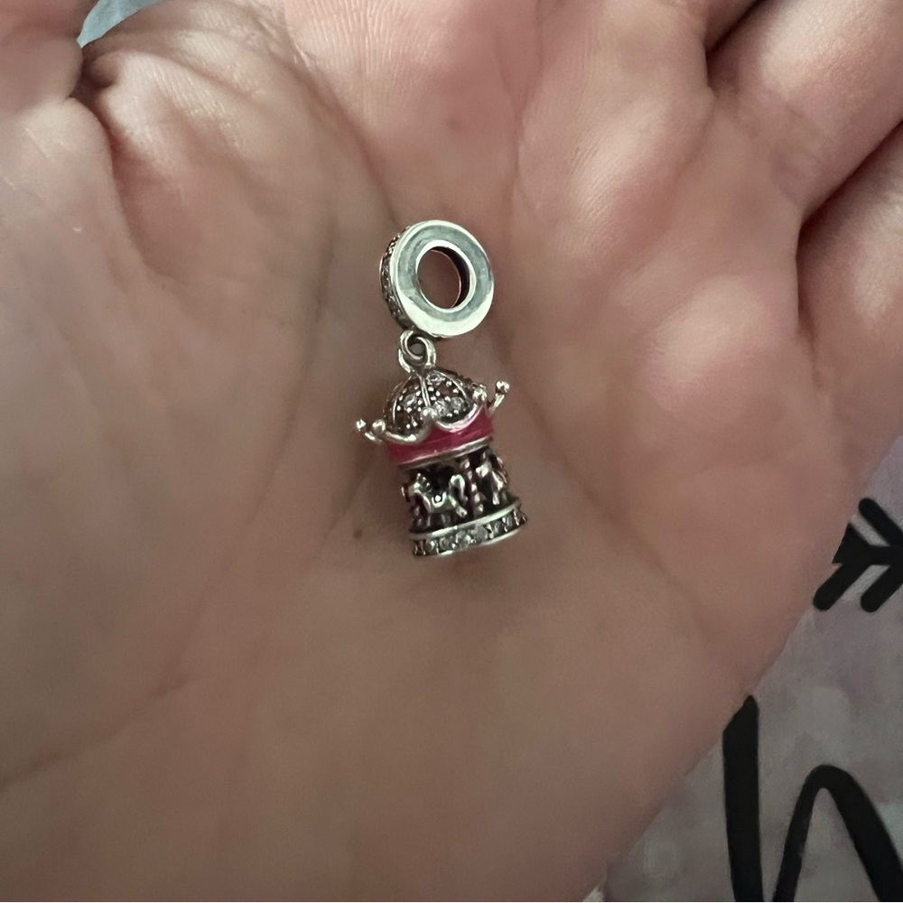 Silver & Pink Carousel Dangle Charm For Pandora Charm Braclets - Picture 4 of 5